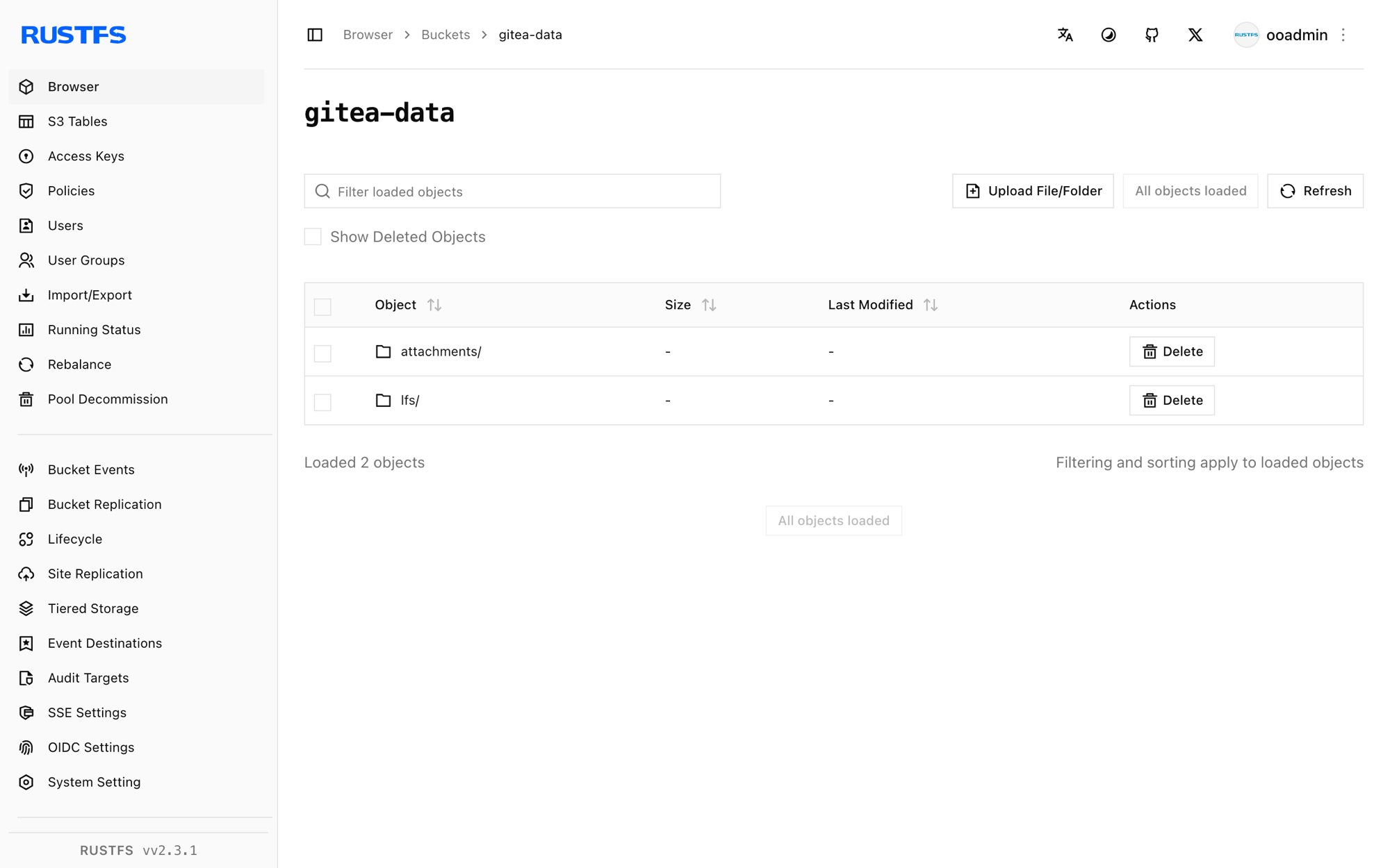 Gitea-LFS- und Anhang-Objekte in der RustFS Console